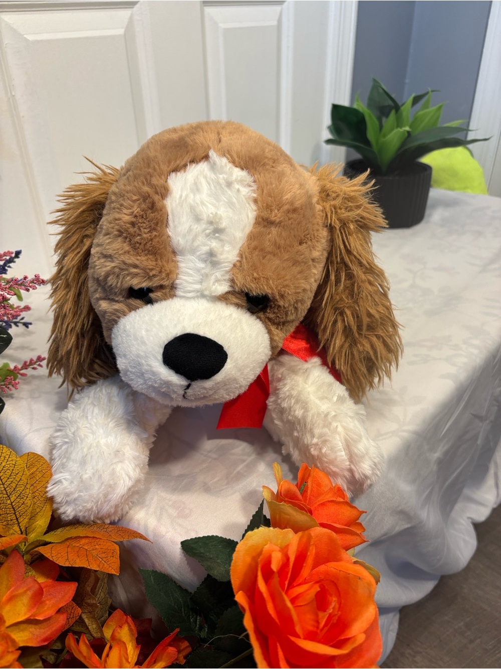 Large Brown & White Plush Dog with Red Bow – Soft Stuffed Animal - Picture 2 of 6